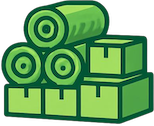 artificial grass in rolls stacking up on carton boxes